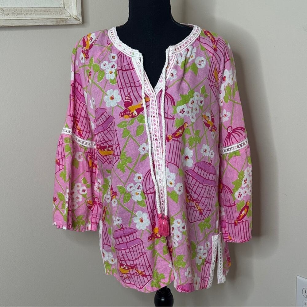 Spartina 449 Pink Wren Bird Cage Linen Tunic Top Tassel Closure Size L